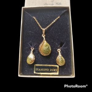 Vintage Set of Diamond Dust Jewelry. Necklace Pendant and Clip on Earrings